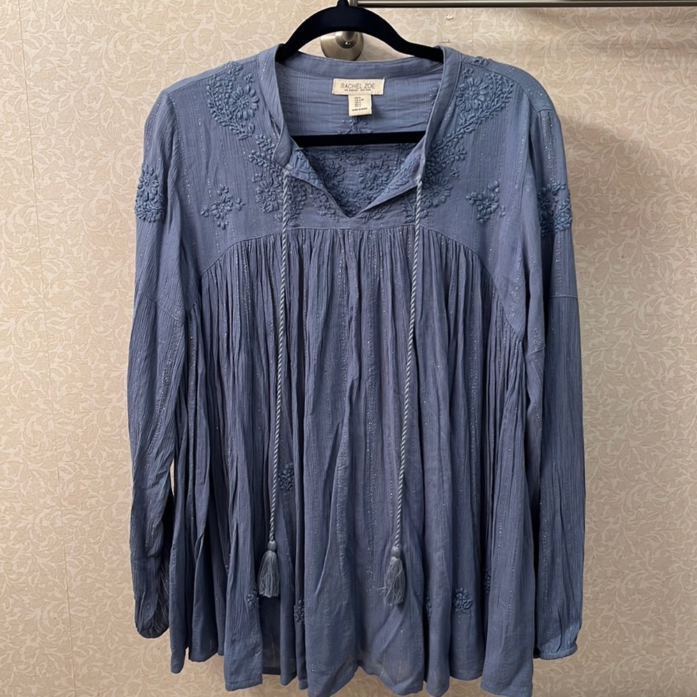 Rachel Zoe Blue Embroidered Metallic Peasant Top Large